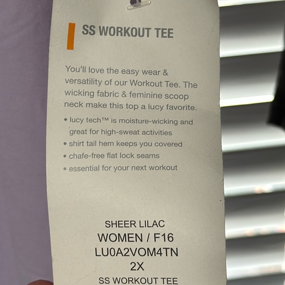 LUCY ACTIVEWEAR SS WORKOUT TEE - SHEER LILAC - 2X - NWT - Picture 4 of 8